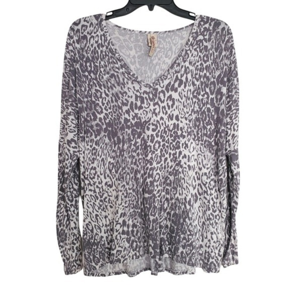 XCVI Womens Grey Leopard Print V-Neck Long Sleeve Top Relaxed Fit Casual Sm‎